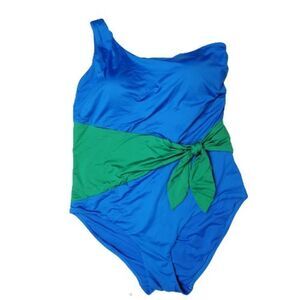 City Chic One Piece Swimsuit. One Shoulder. Color Block Blue/Green. Bust Roughin